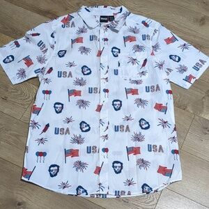 Mad Engine Mens White USA All Over Abe Lincoln Patriotic Button Up Size Large